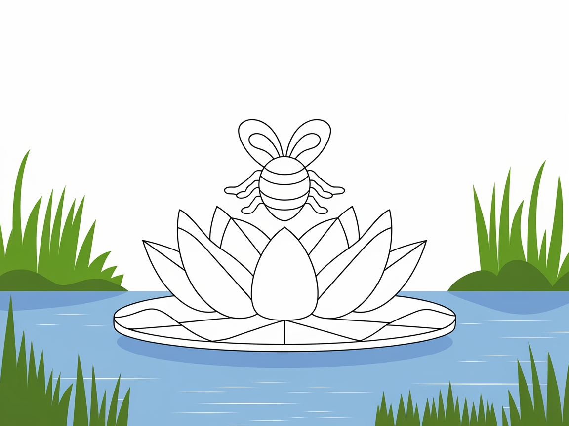 Bee Hovering Over a Tranquil Water Lily Pond