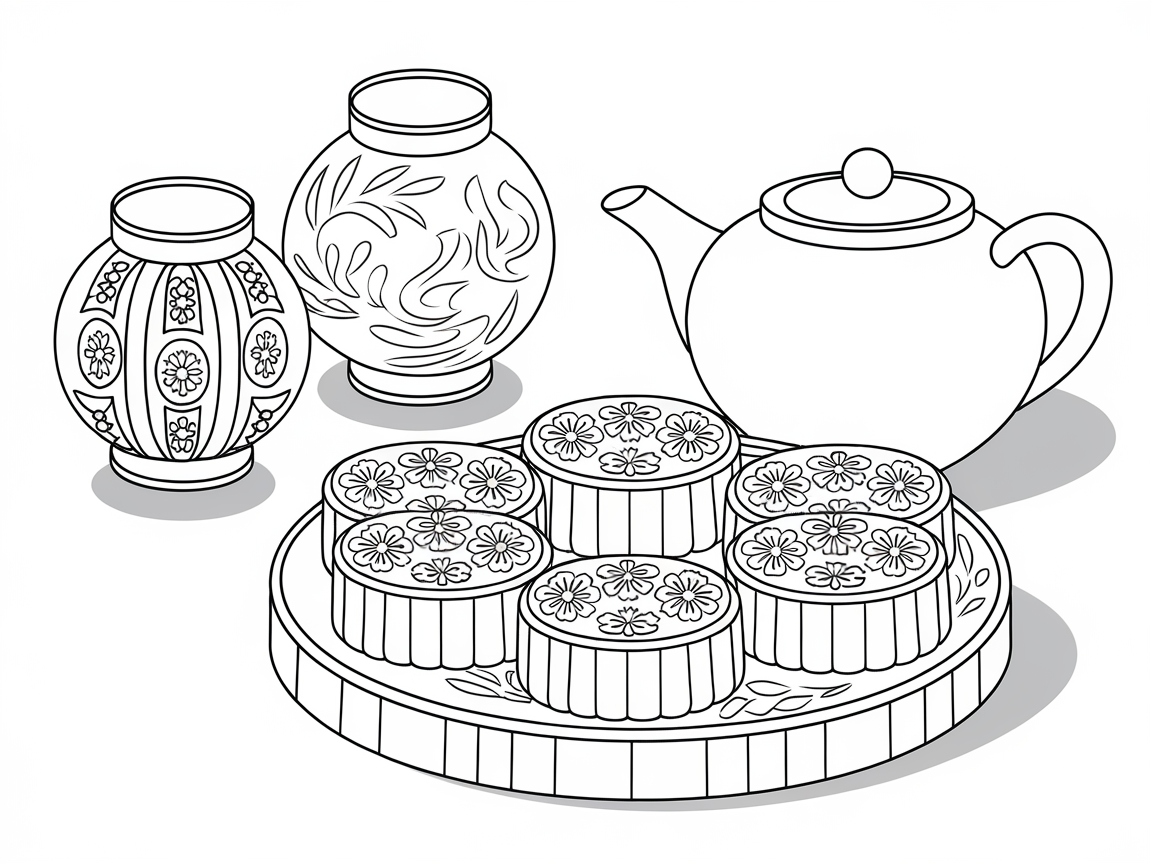 Charming Mooncake and Teapot Coloring Page