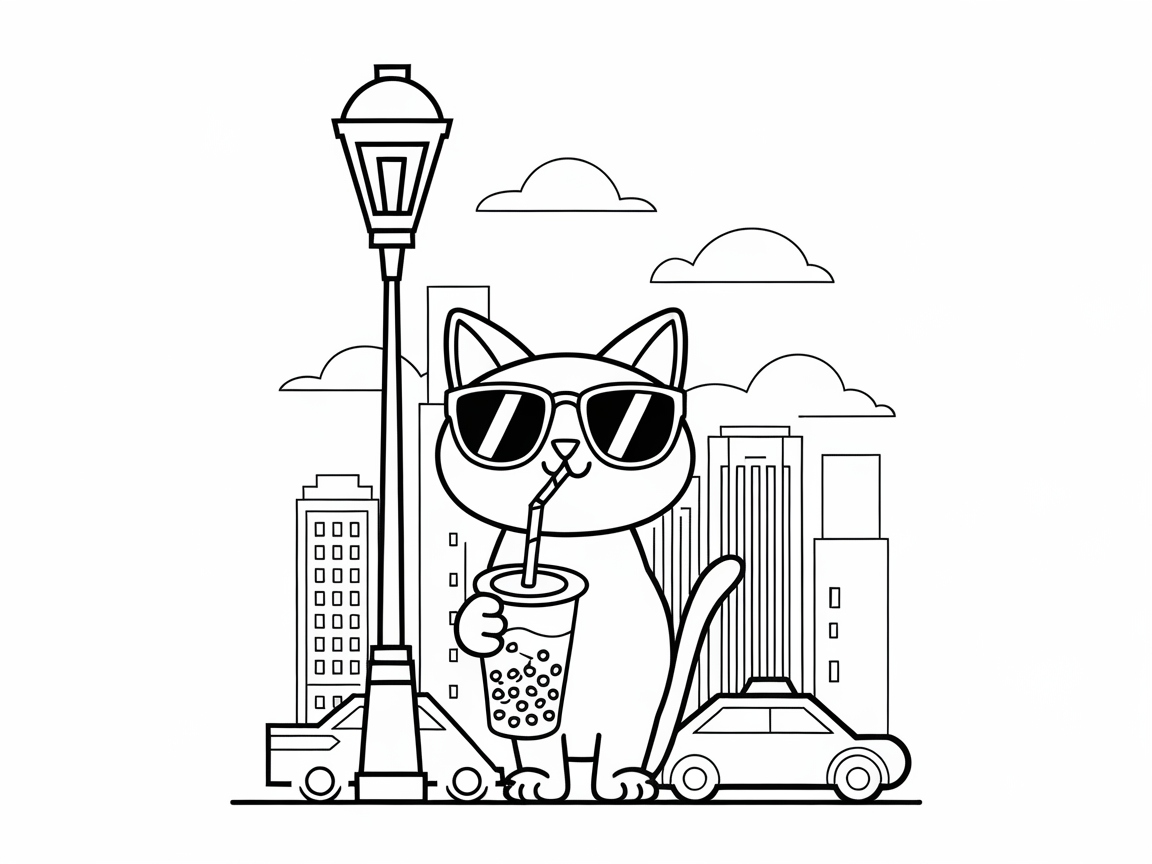 Cool Cat Sipping Boba in the City