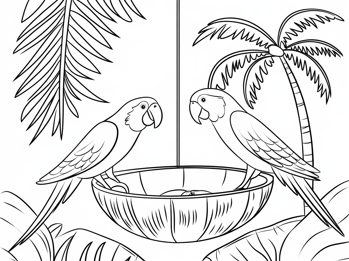Tropical Parrots at a Coconut Feeder