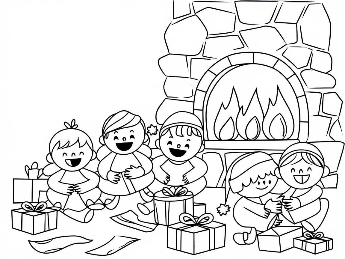 Joyful Gift Opening by the Warm Hearth