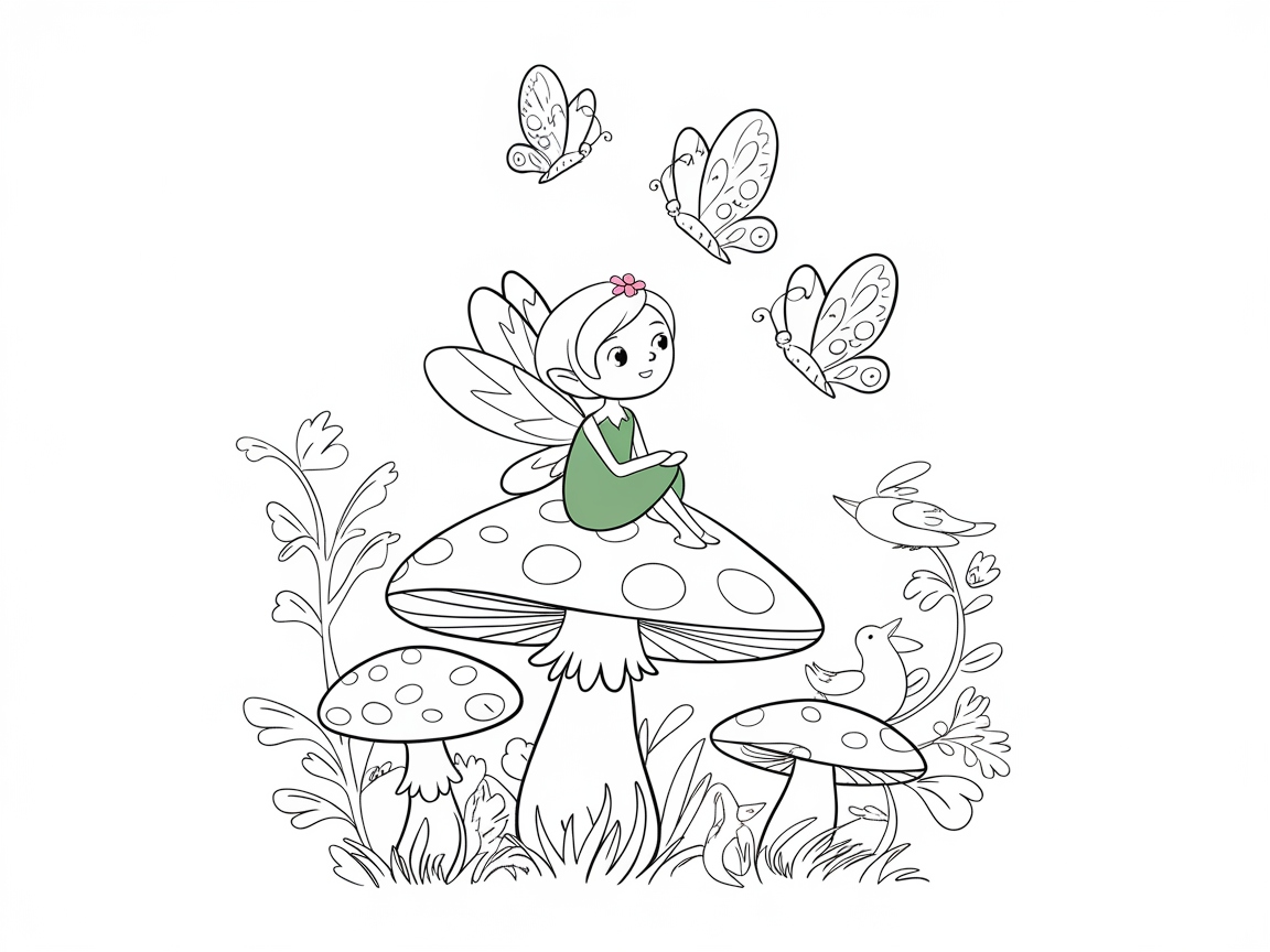 Enchanting Fairy and Butterflies on Mushroom Tops