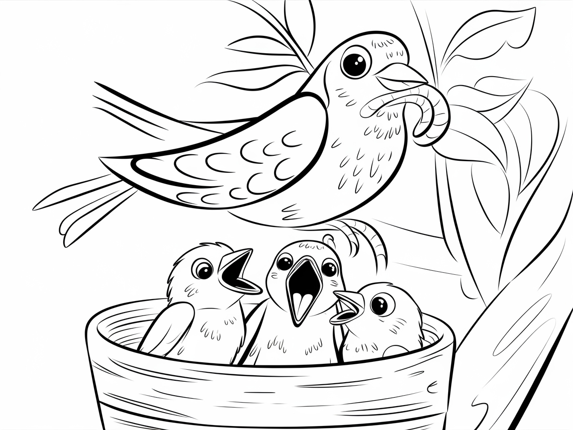 Color This Charming Family of Nesting Birds