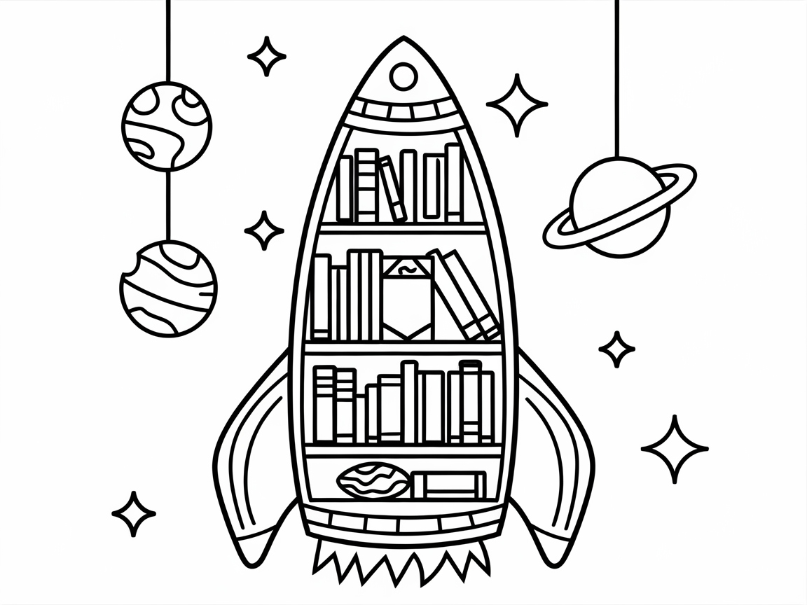 Blast Off with This Rocket Bookshelf Coloring Page