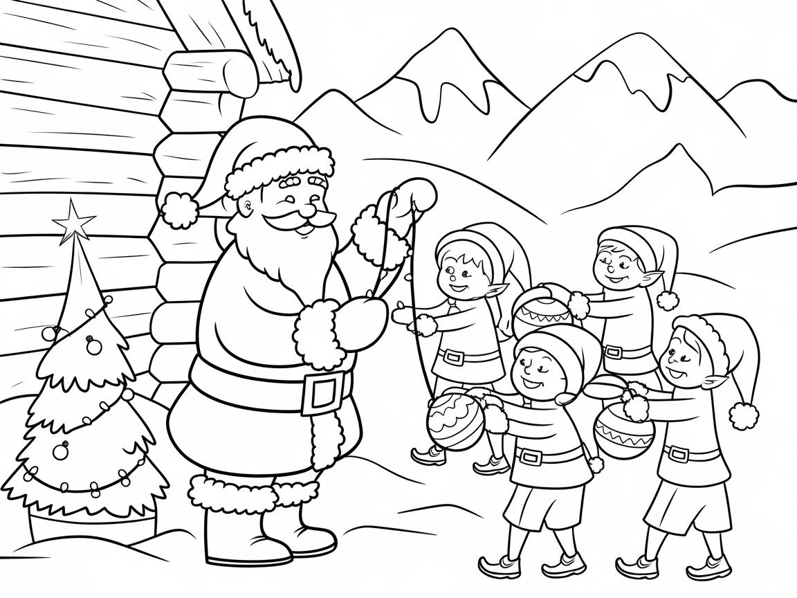 Santa and Elves Decorating by the Cabin