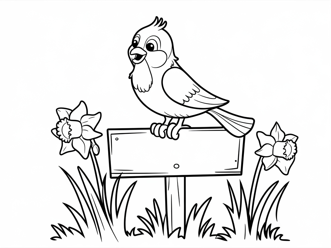 Cheerful Bird on a Signpost with Daffodils