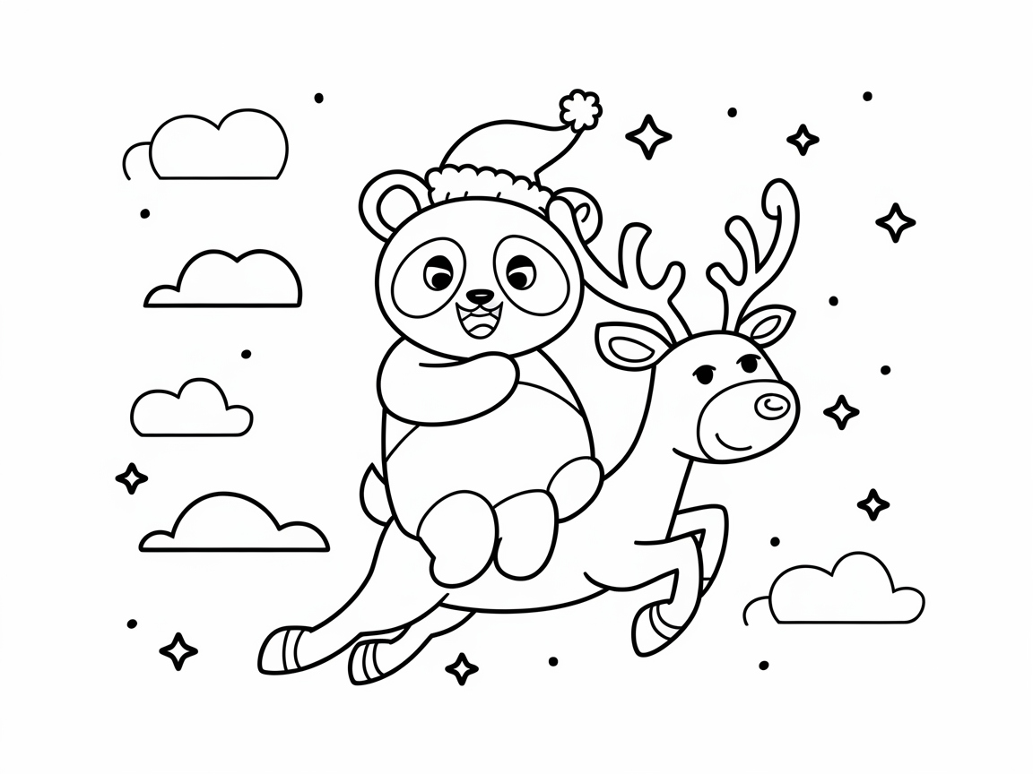 Panda and Reindeer Soaring Through a Starry Sky