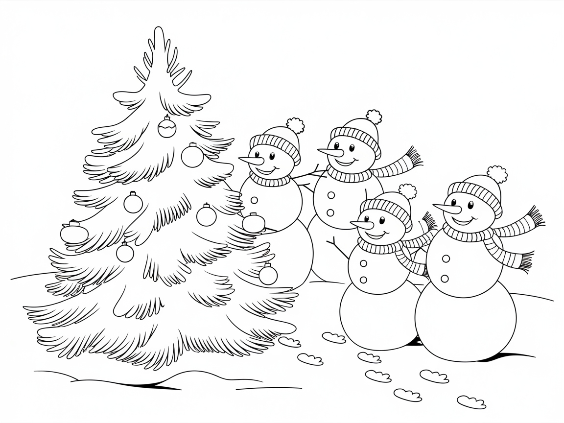 Jolly Snowmen Decorating a Christmas Tree