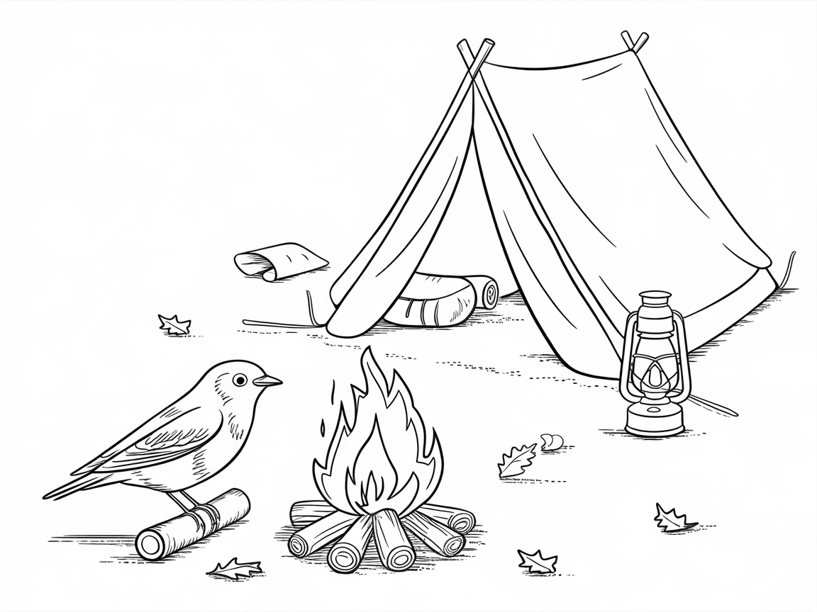 Embark on a Camping Adventure with This Bird and Tent Scene