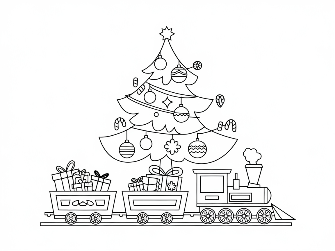 Color the Christmas Train Beneath the Festive Tree