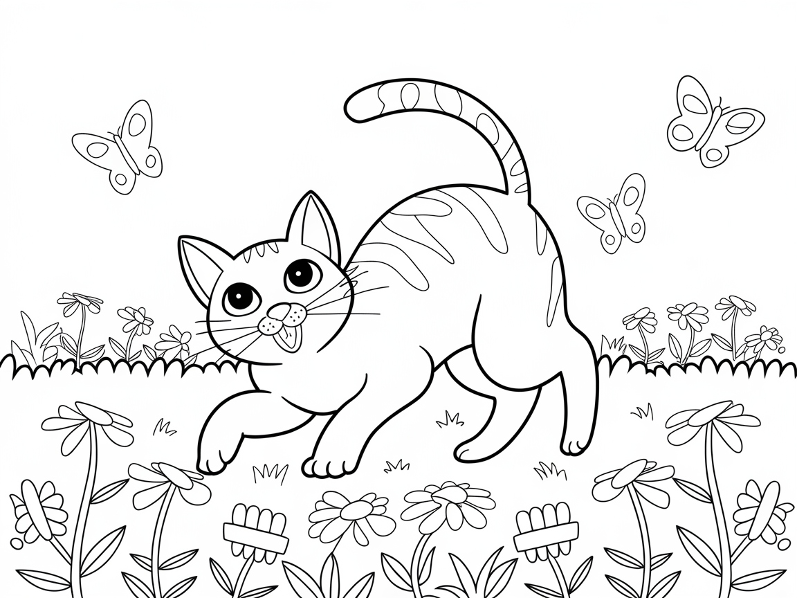 Playful Cat and Butterflies in a Flower Garden