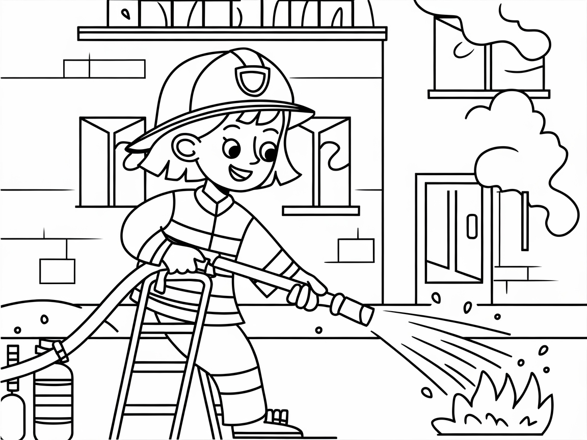 Brave Firefighter in Action Coloring Page