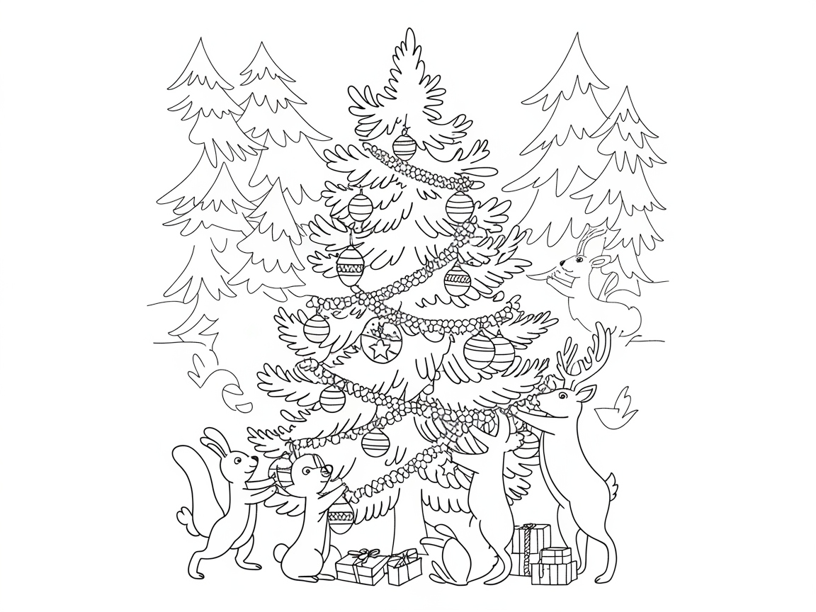 Adorable Forest Animals Decorating a Christmas Tree