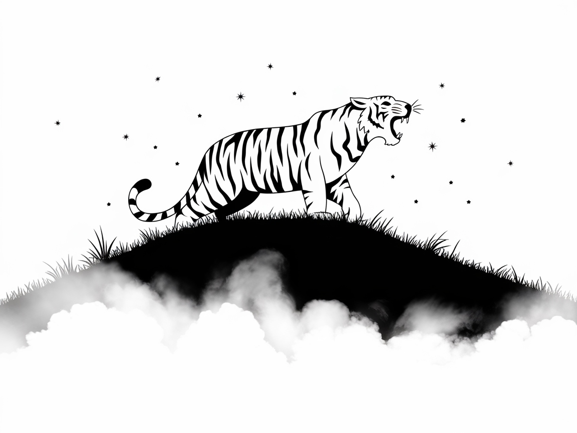 Majestic Bengal Tiger Roaring on a Misty Hill