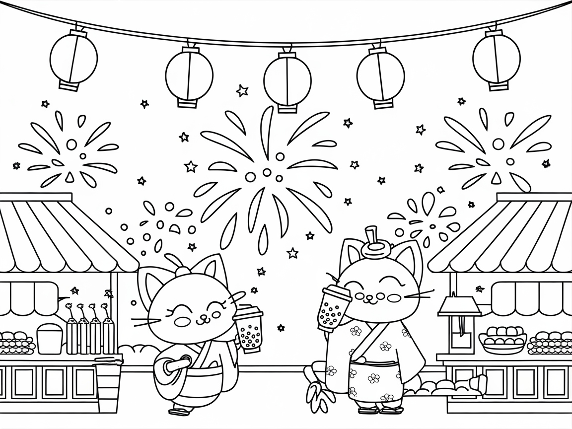 Festive Cats Enjoying Boba at a Night Market