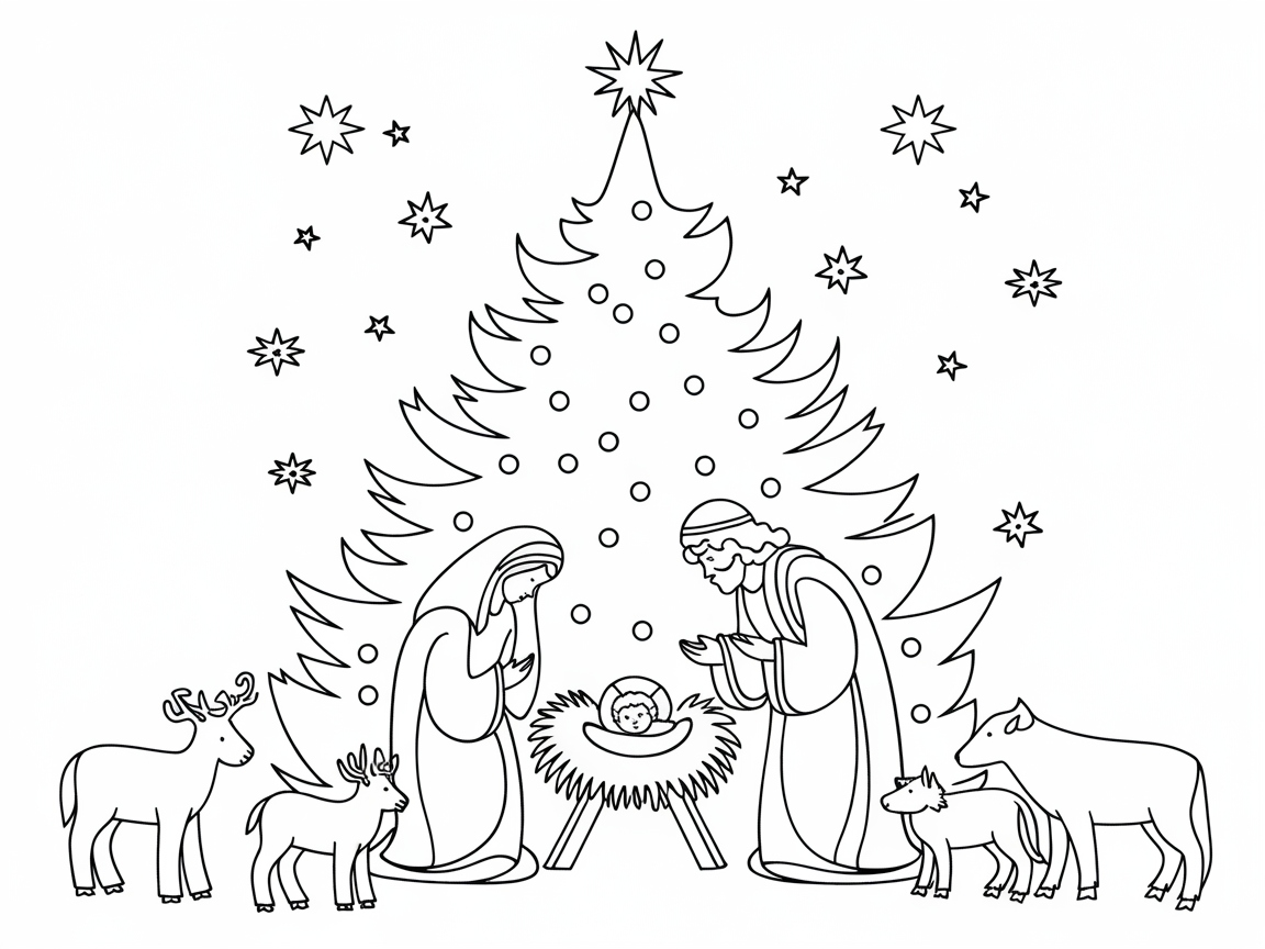 Color the Nativity Scene Under the Christmas Tree