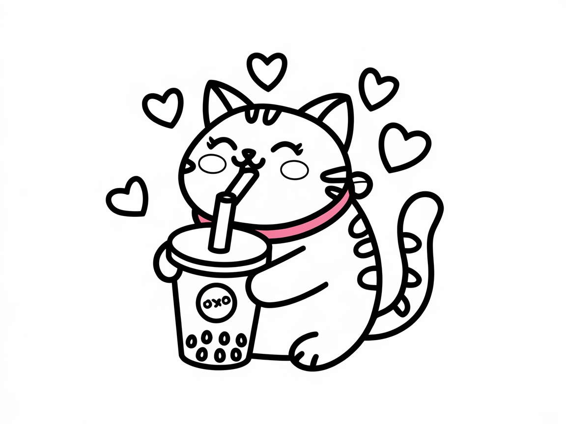 Color This Cute Cat Enjoying a Boba Tea