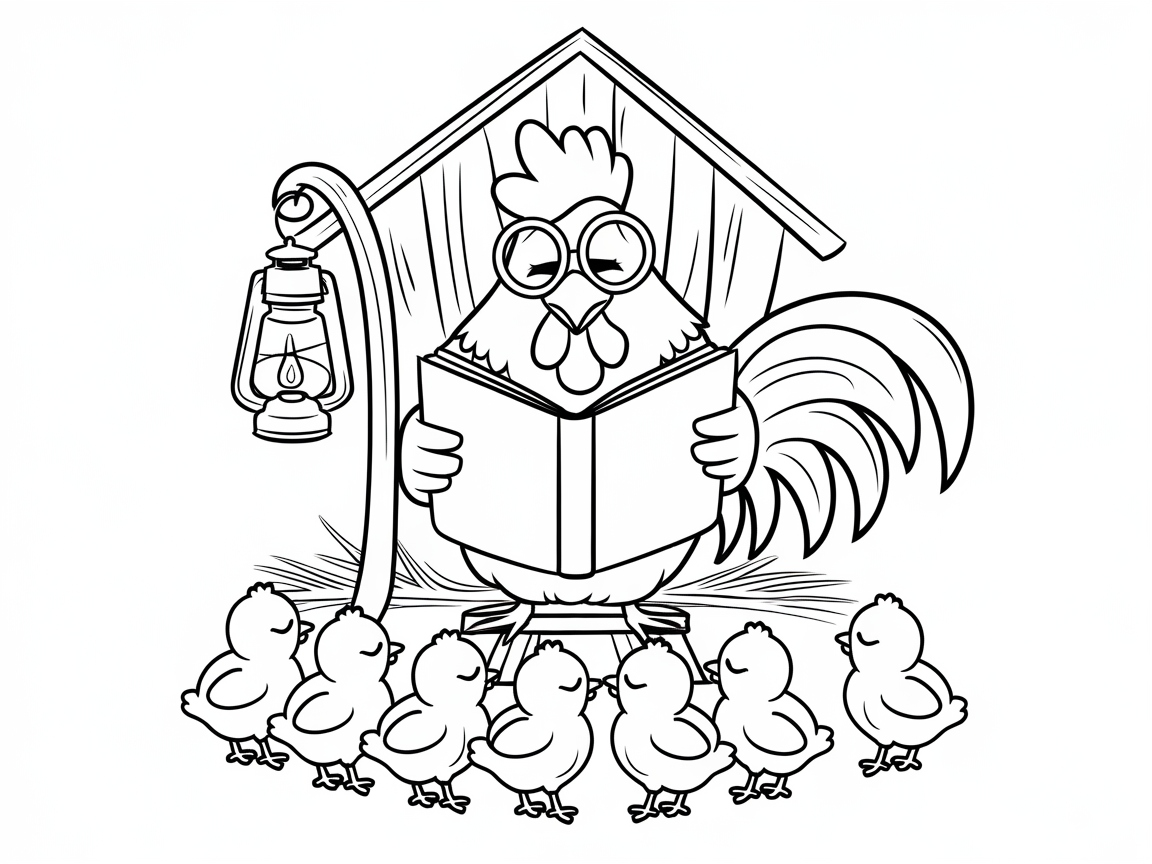Storytime with Wise Rooster Coloring Page