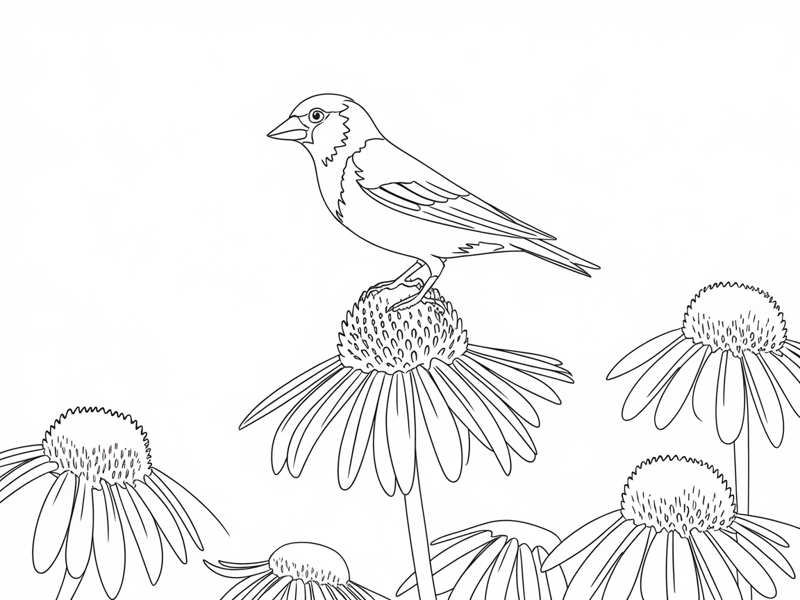 Sparrow on Echinacea Blossoms