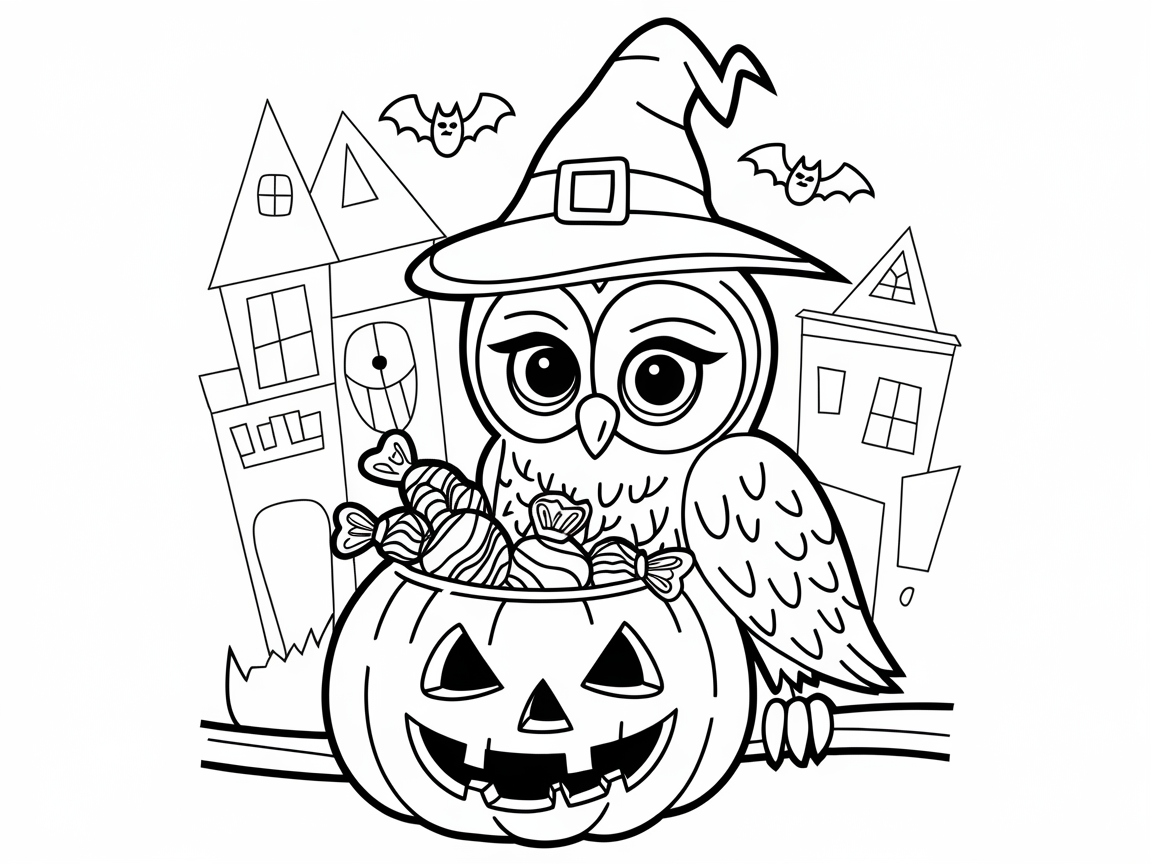 Wise Owl Perched on a Candy-Filled Pumpkin