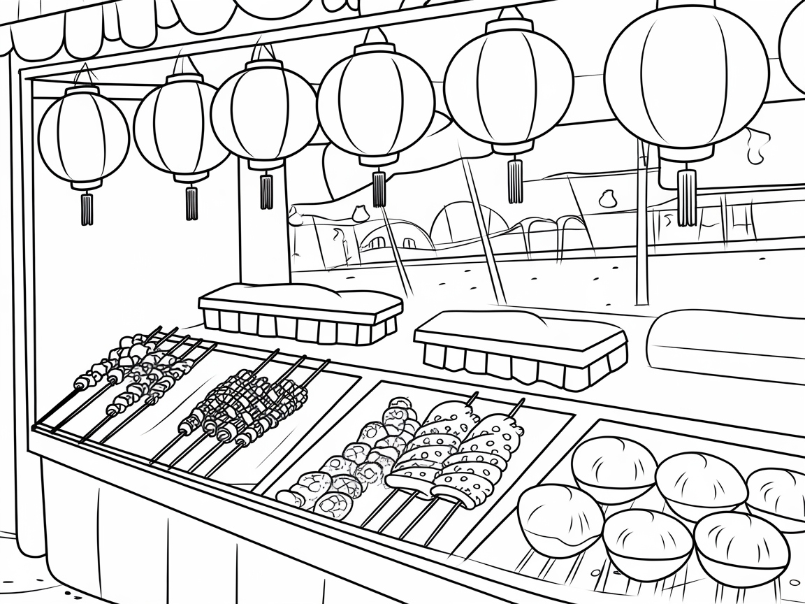 Vibrant Street Food Stall Coloring Page