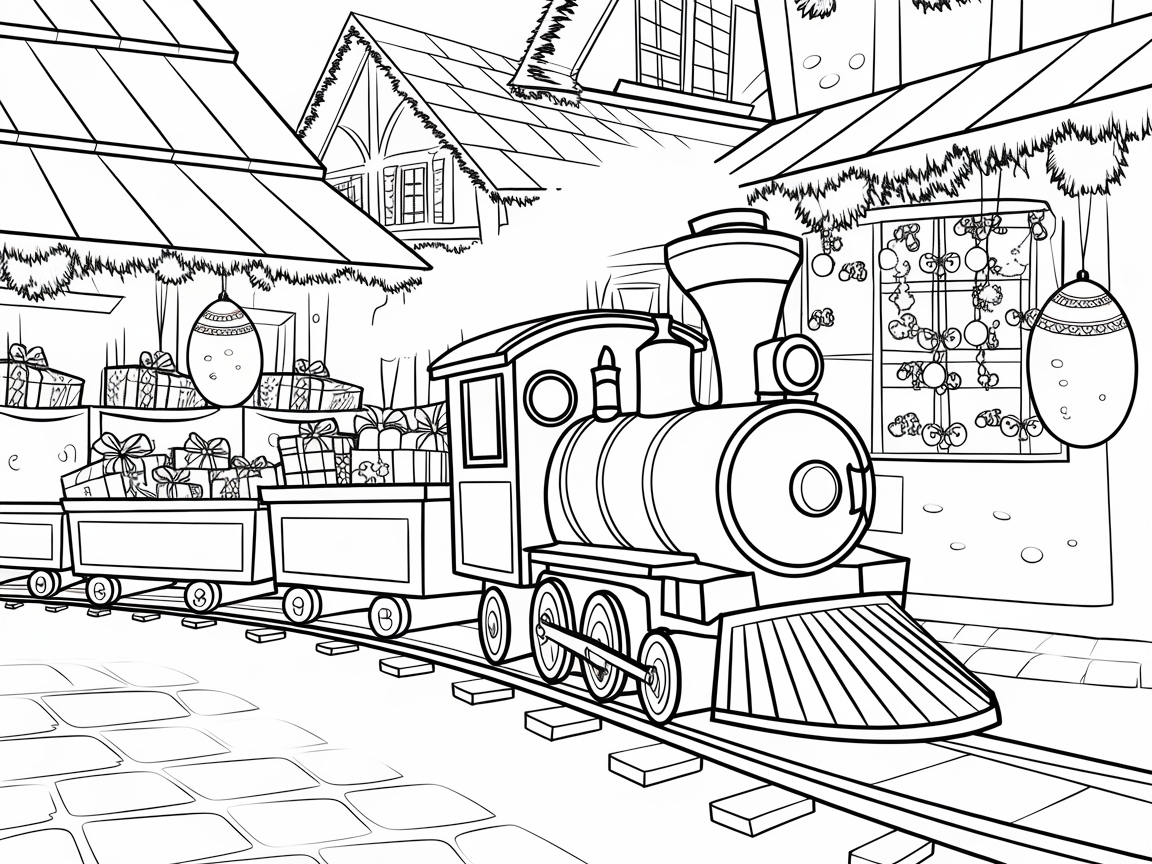 Whimsical Holiday Train Through a Gift-Laden Village