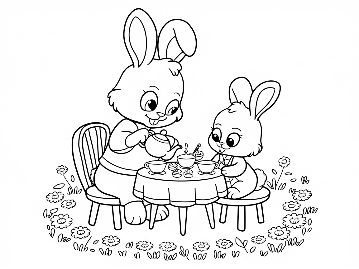 Adorable Bunny Tea Party Coloring Page