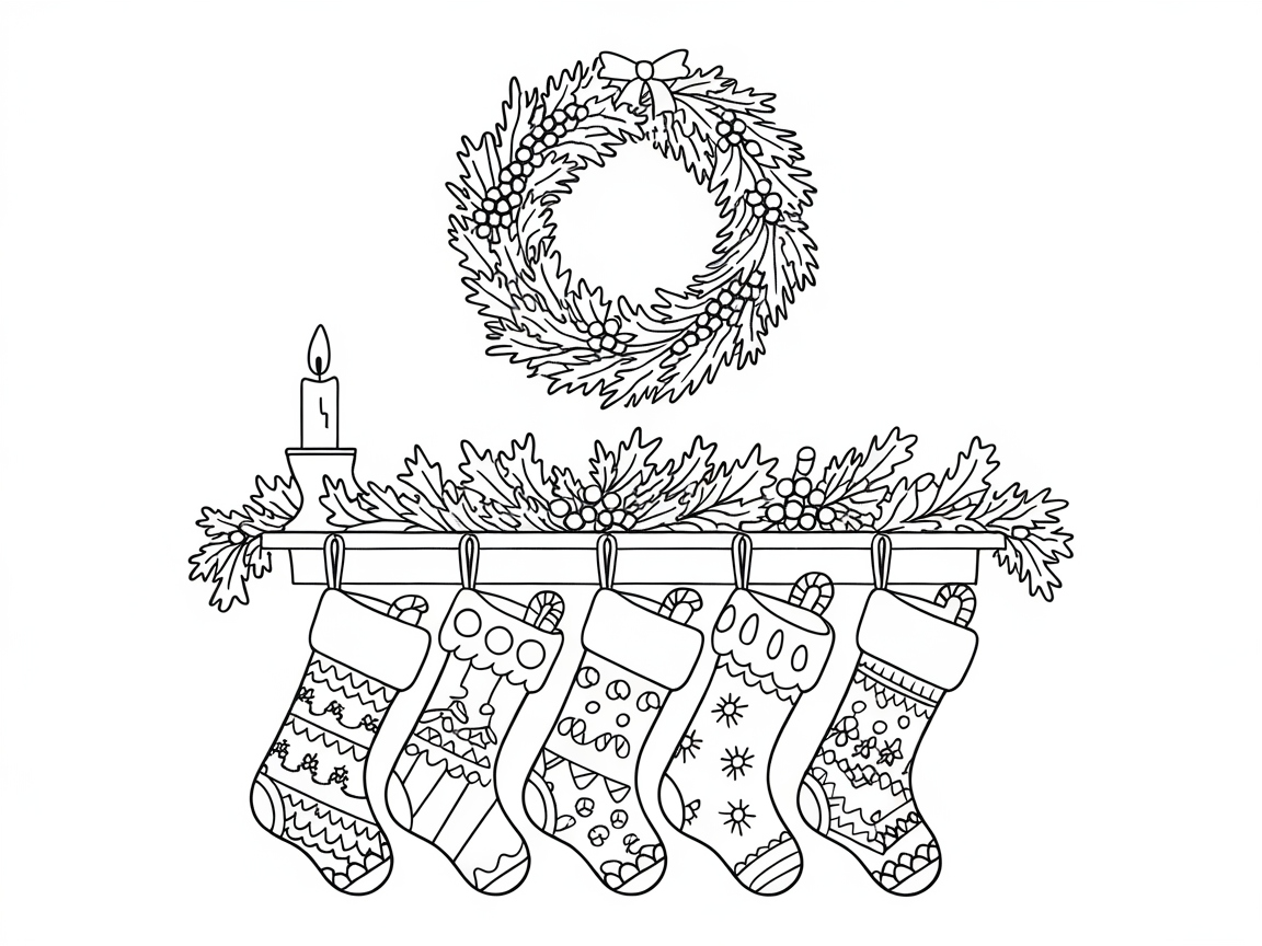 Festive Stockings and Wreath Coloring Page