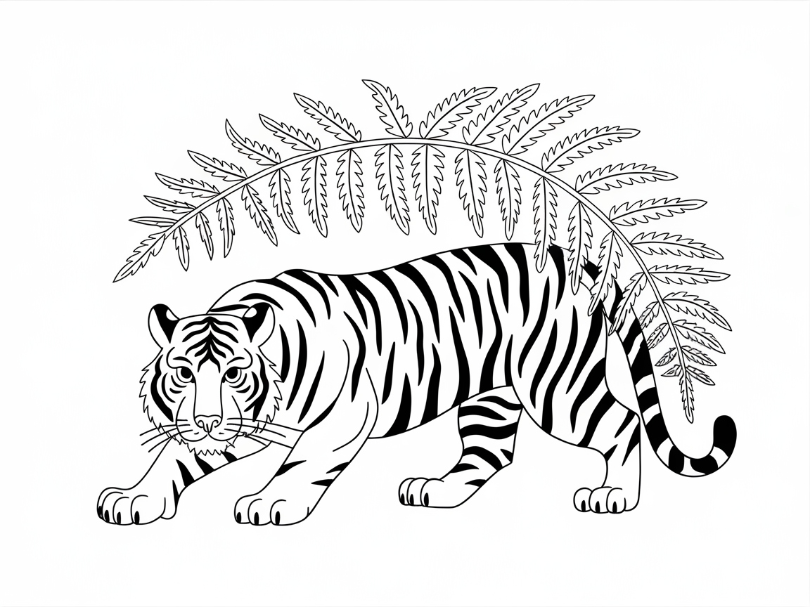 Bold Bengal Tiger Under Fern Leaves