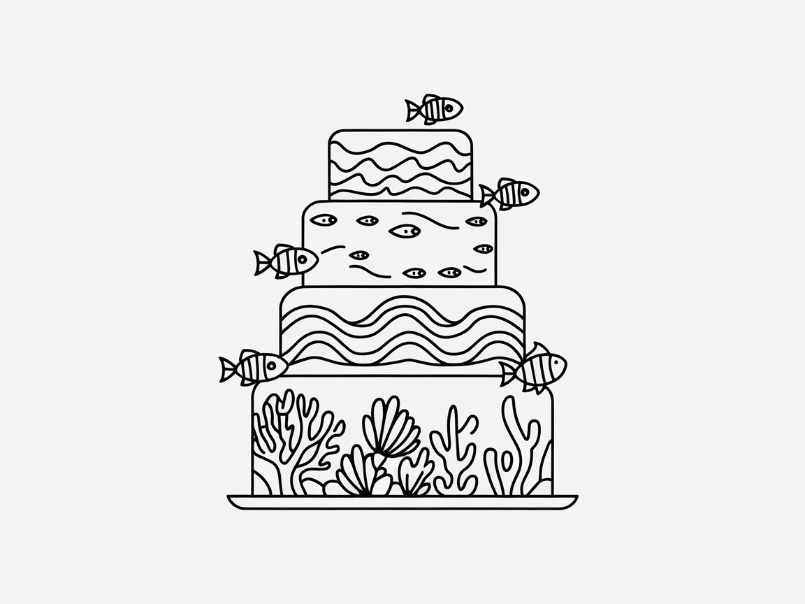 Explore the Oceanic Delight of This Underwater Cake Coloring Page