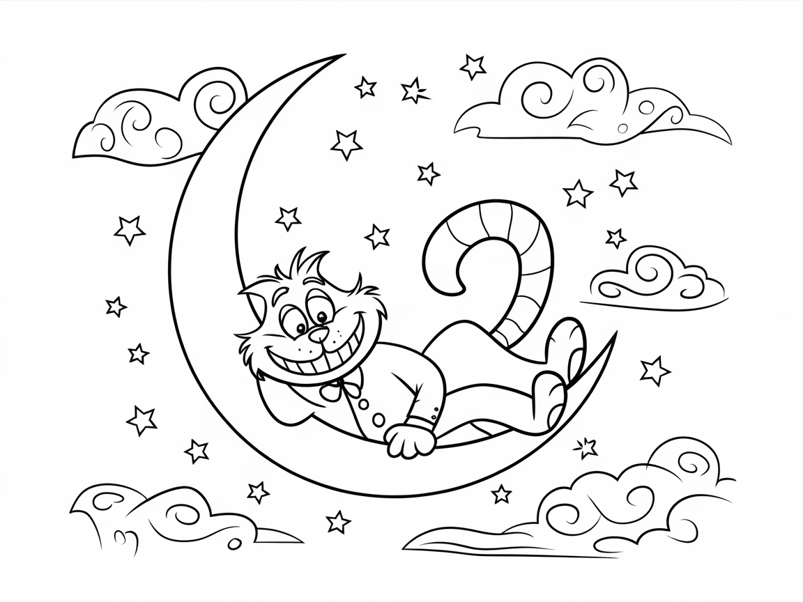 Dreamy Cheshire Cat on a Crescent Moon