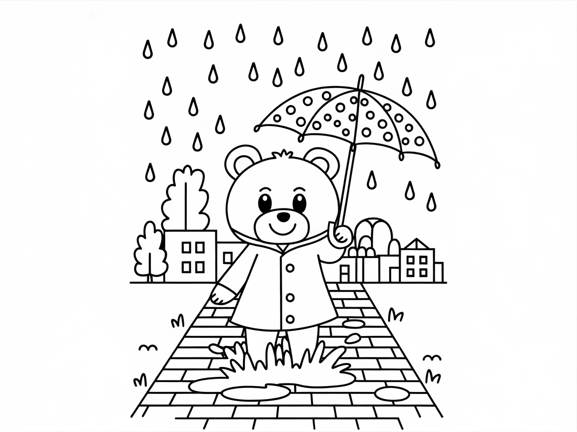 Rainy Day Adventure With Bear Under an Umbrella