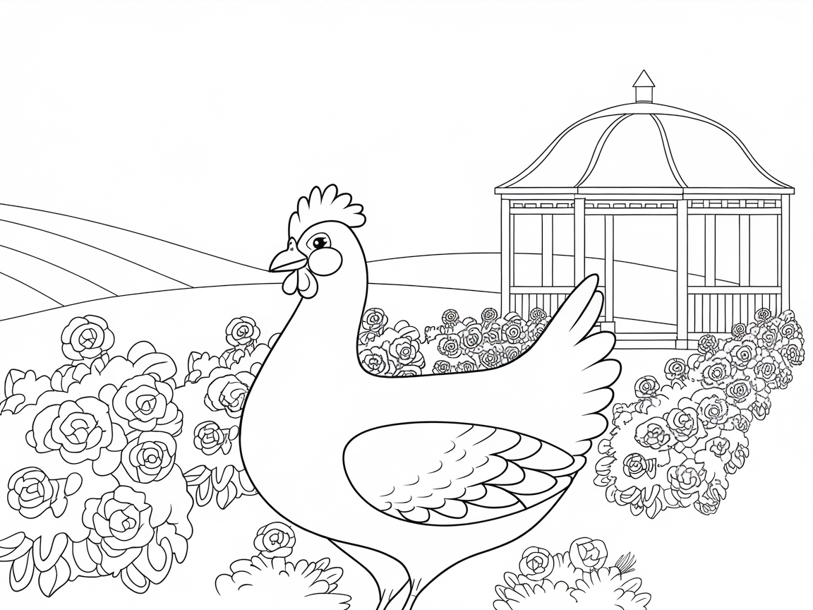 Country Hen Amidst Blooming Roses