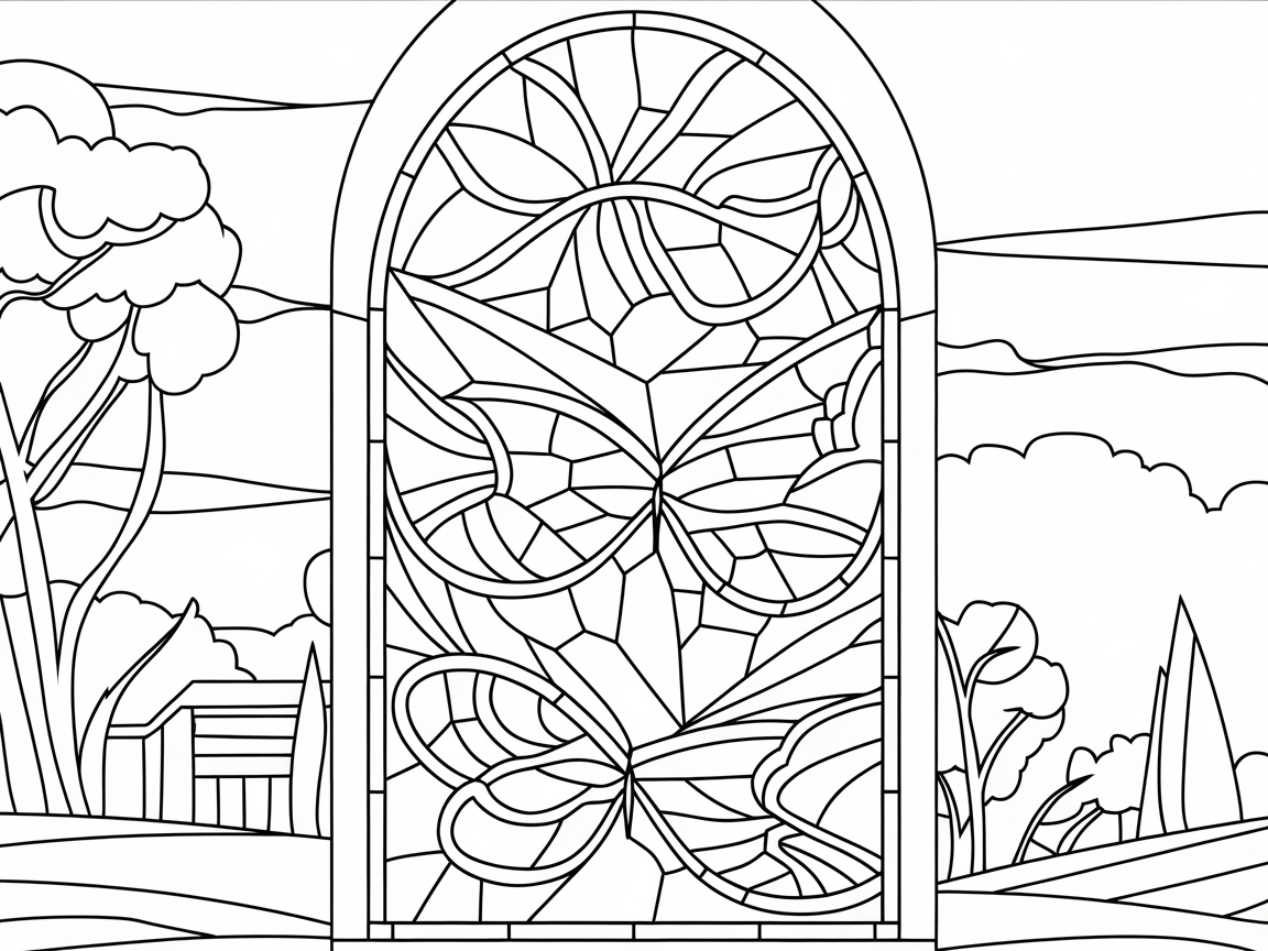 Stained Glass Butterfly Window with Nature Views