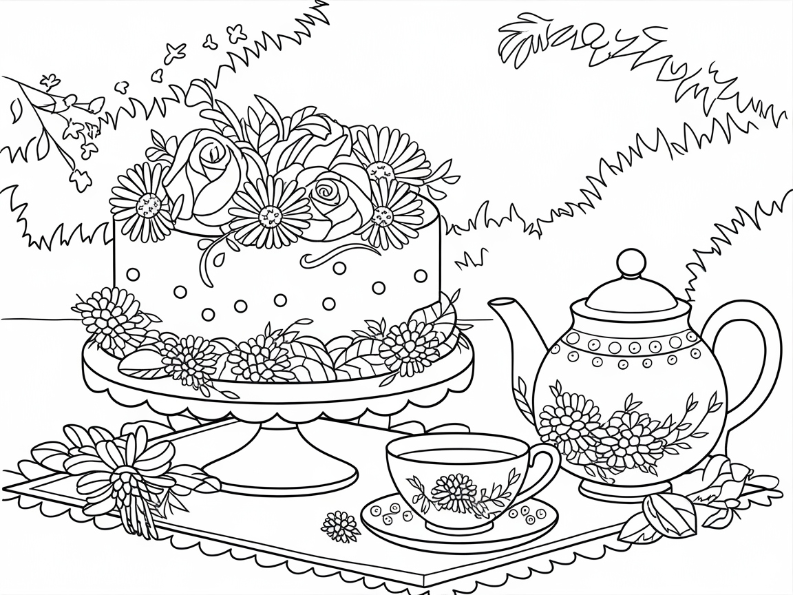 Garden Tea Party Cake Coloring Page
