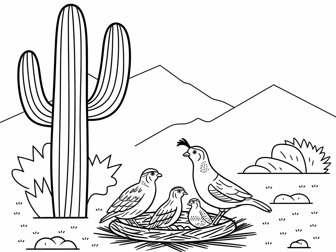 Desert-Set Quail Family Nesting Scene