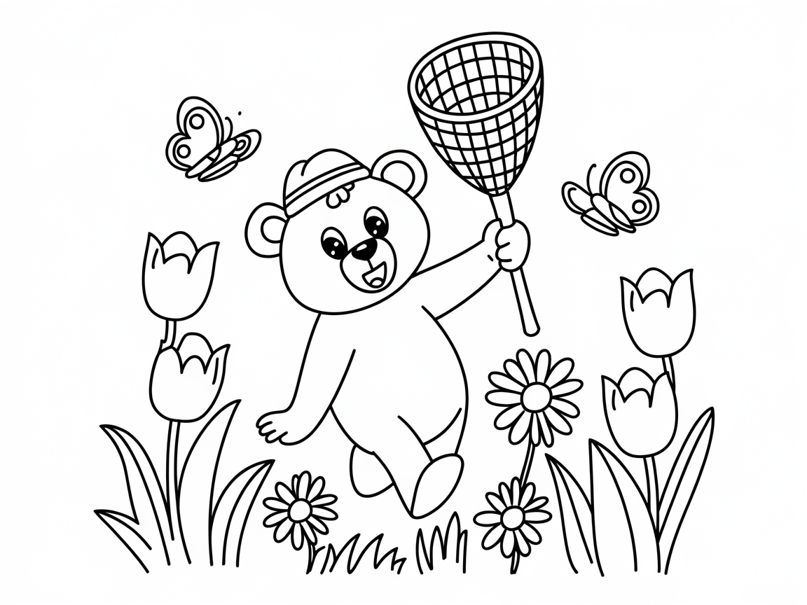 Butterfly Hunt With Bear in a Blooming Garden