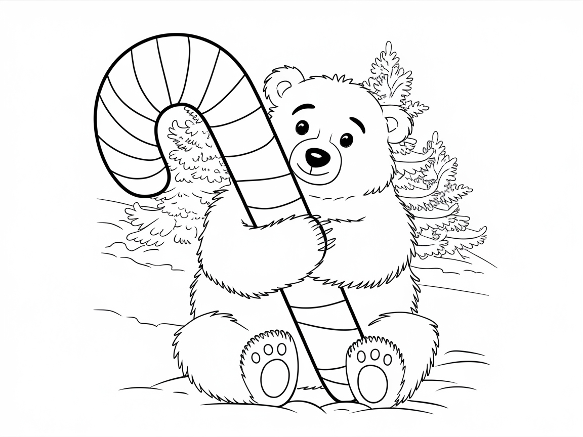 Adorable Bear Hugging a Giant Candy Cane