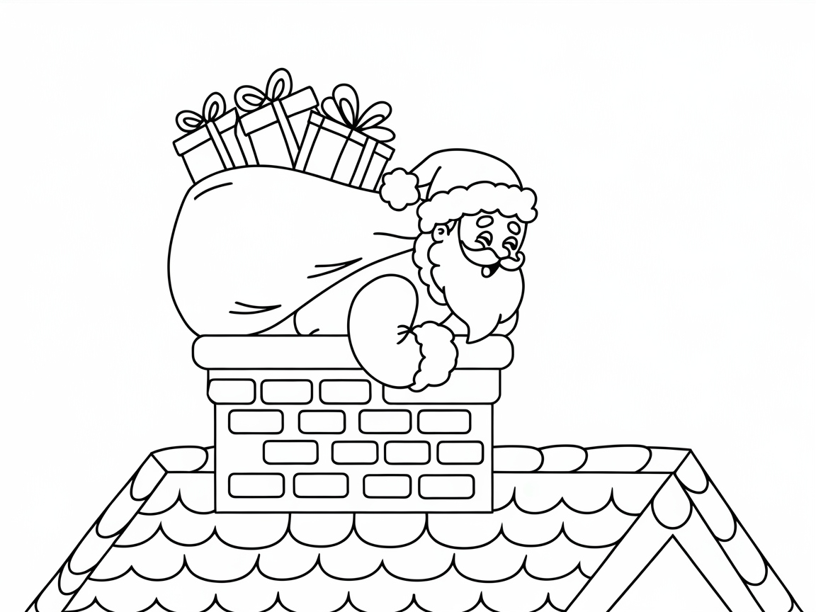 Delightful Santa on the Chimney Coloring Page