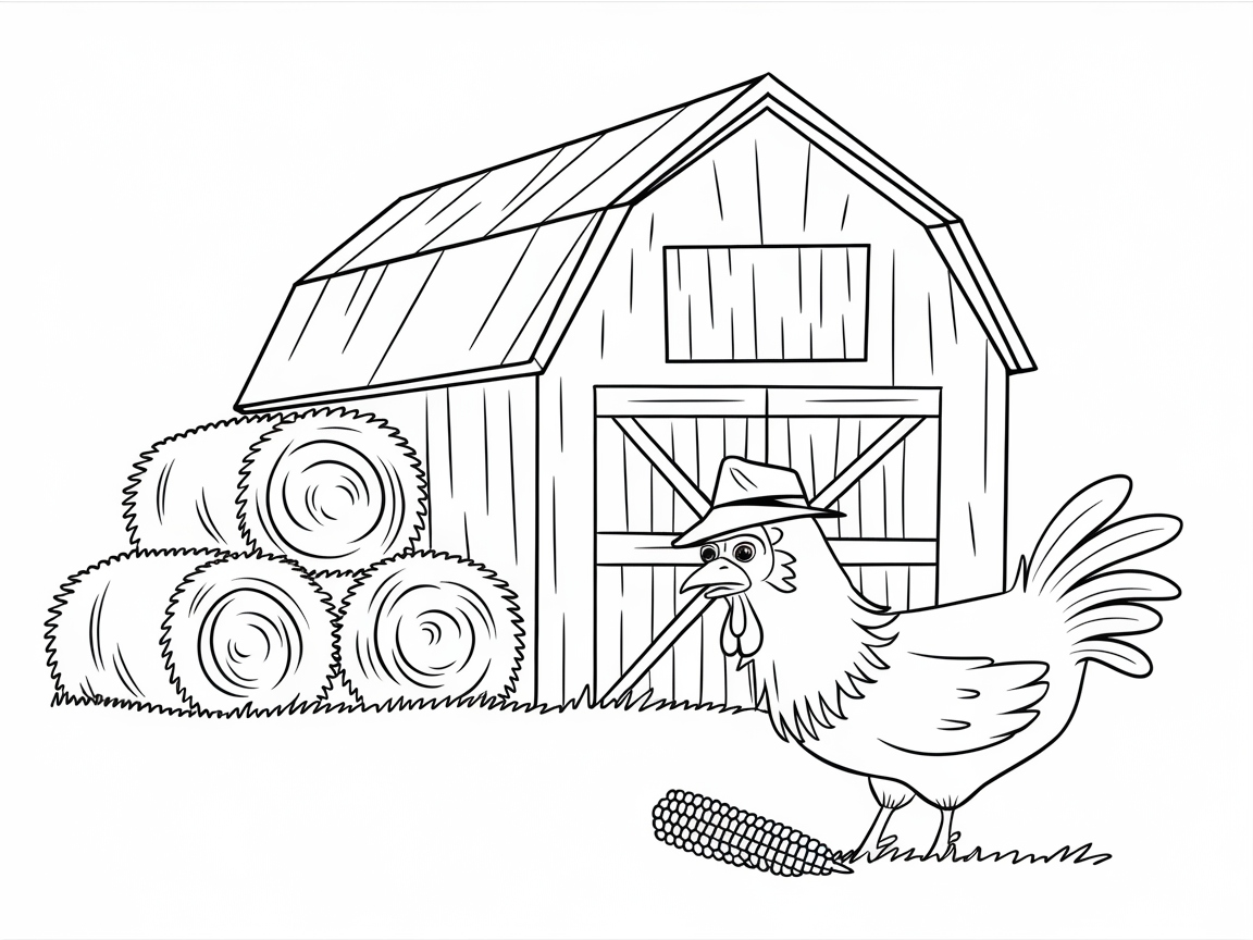 Charming Farmyard Scene with a Quirky Chicken