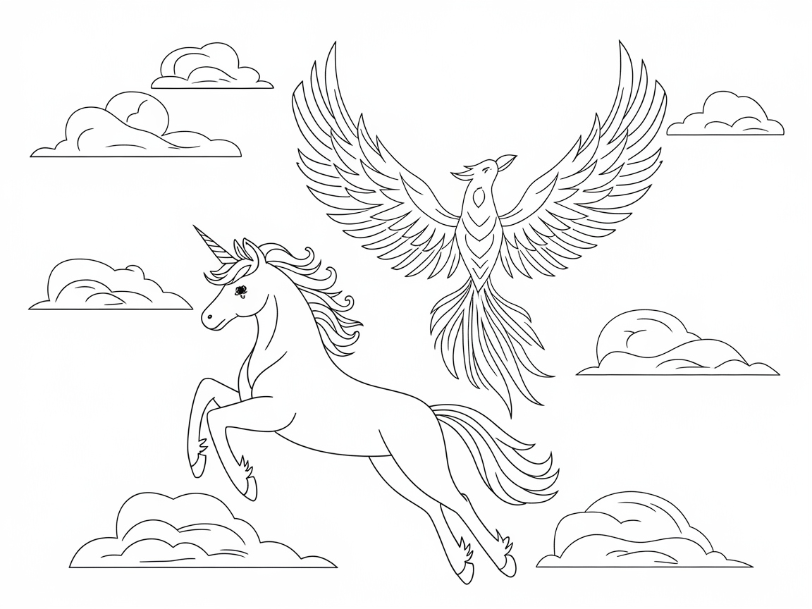 Unicorn and Phoenix Soaring Through the Clouds