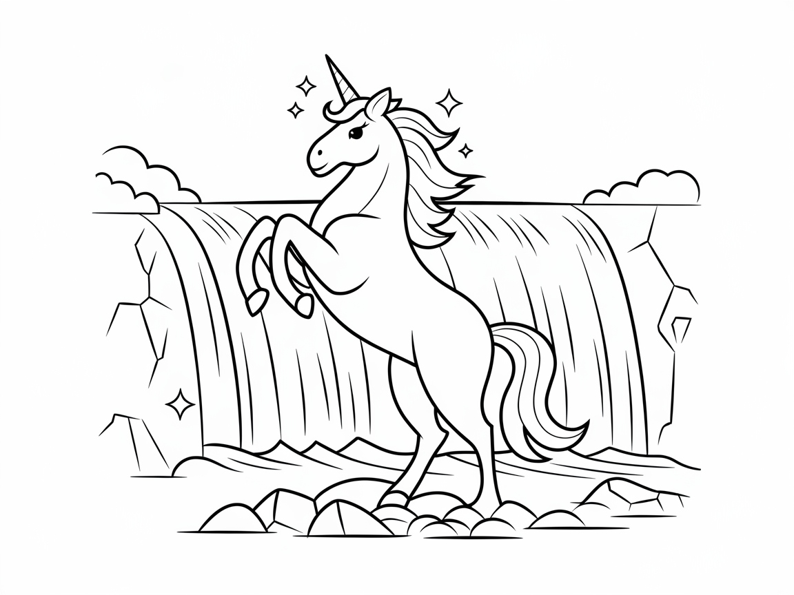 Unicorn Posing Before a Majestic Waterfall