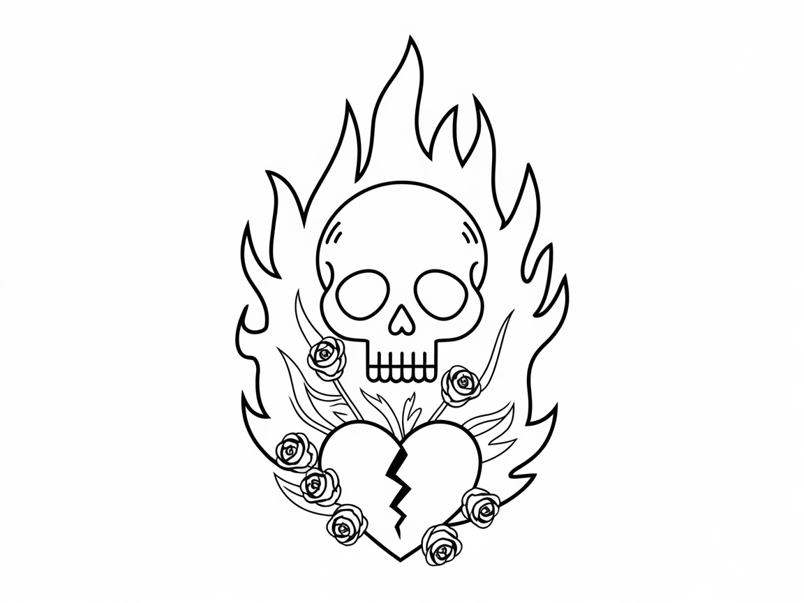 Flaming Skull with Broken Heart and Roses for Dramatic Coloring