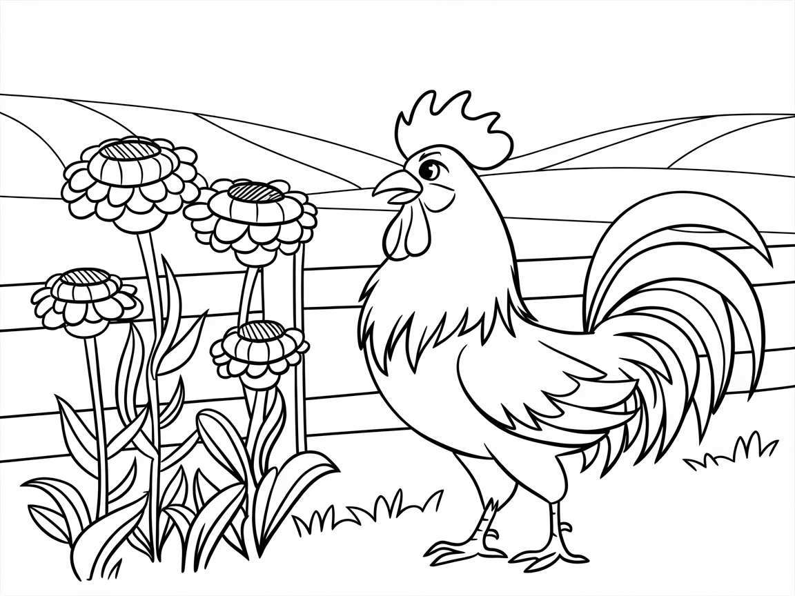 Proud Rooster Among Blooming Flowers