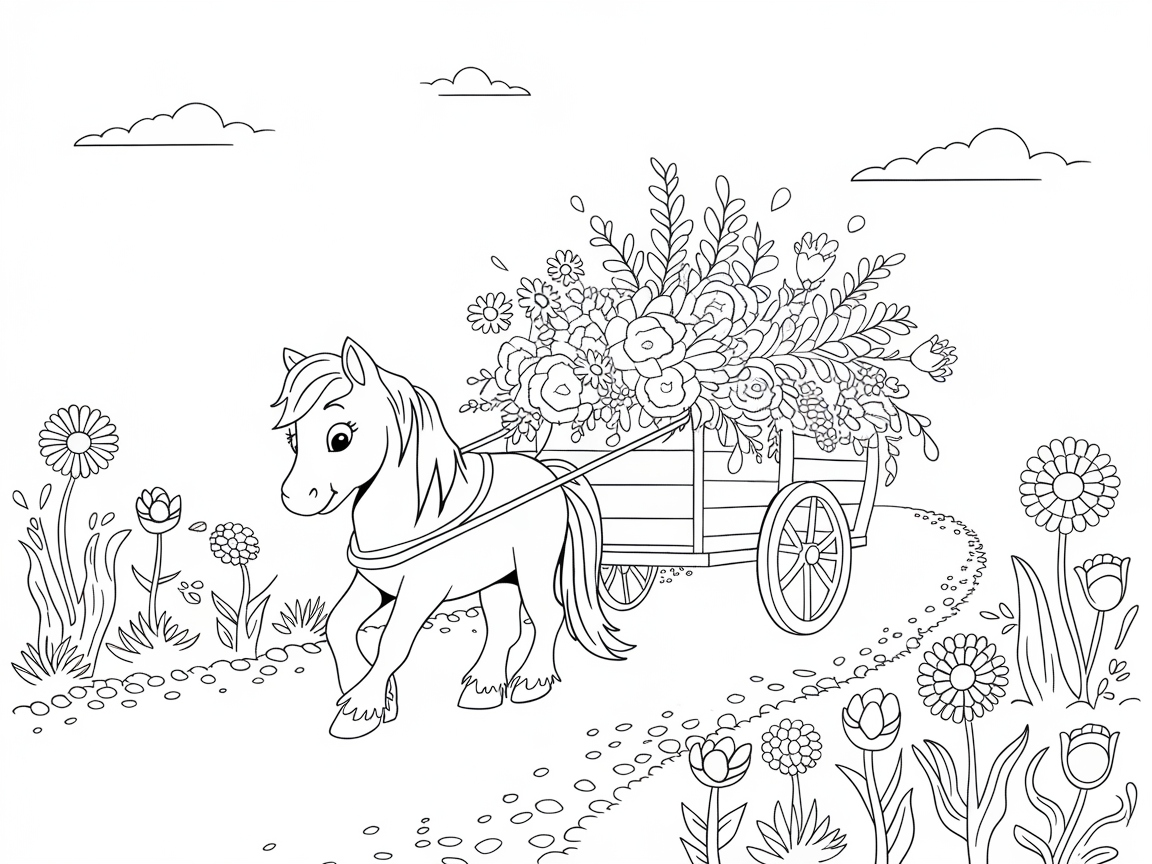 Charming Flower Cart Pulled by a Cheerful Pony
