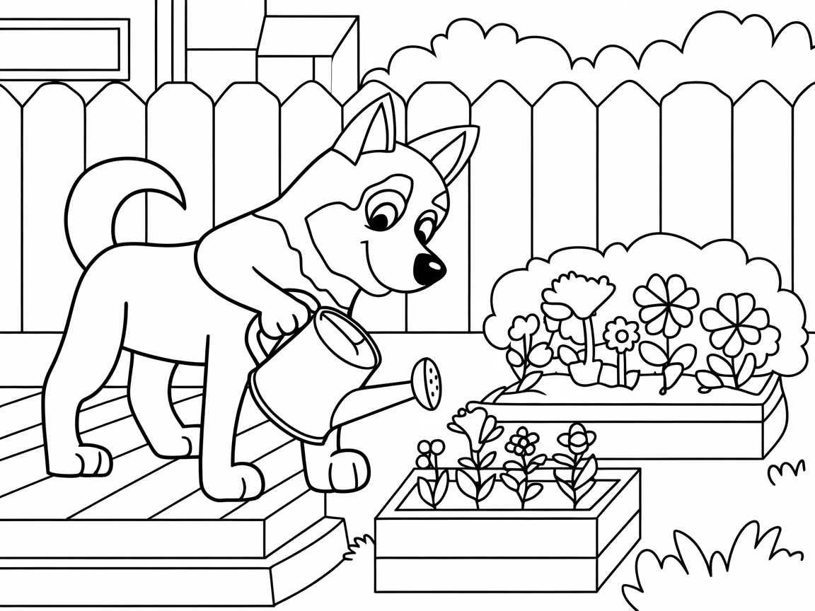 Gardening Husky in Blooming Backyard