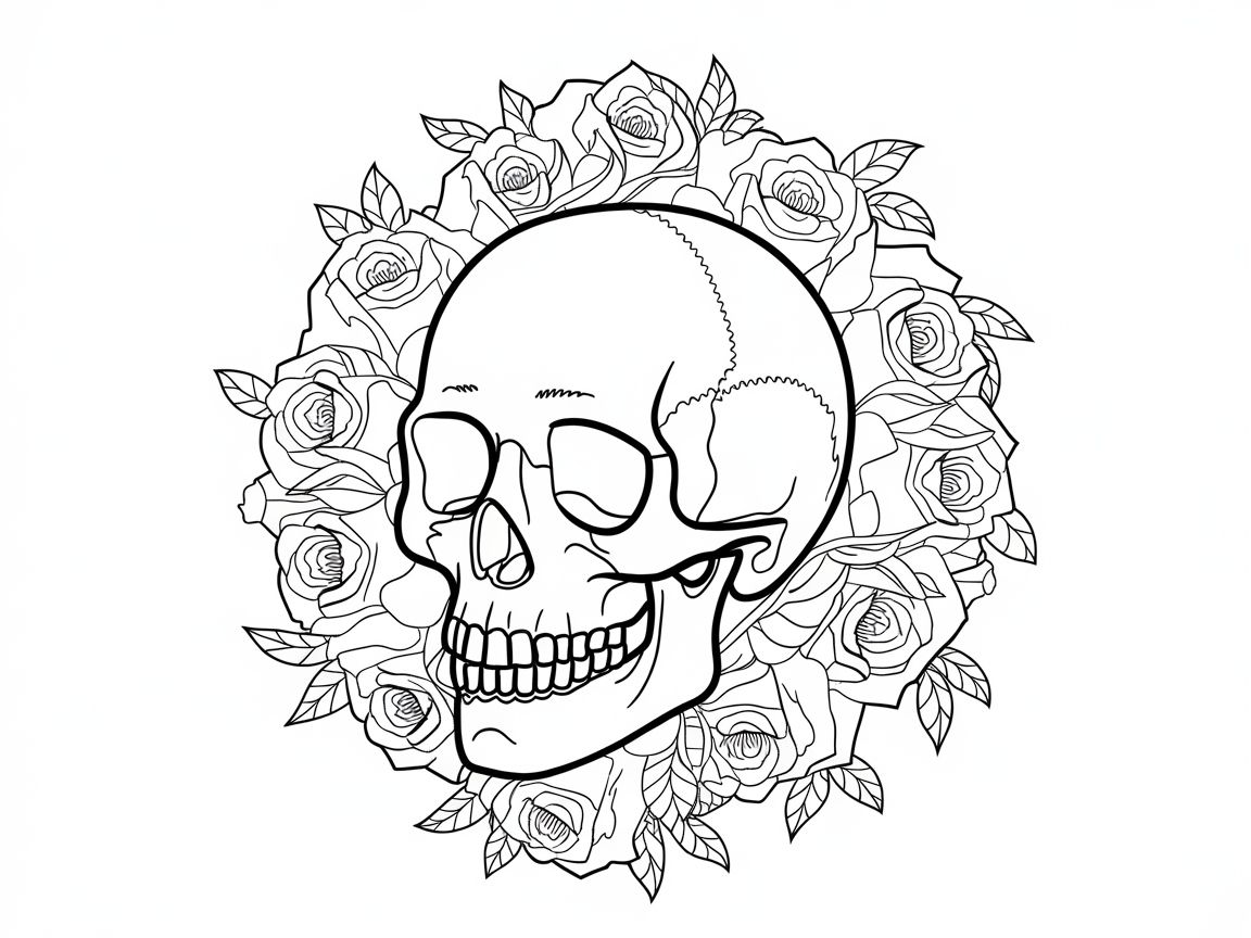 Detailed Skull and Roses for Bold Coloring Adventures