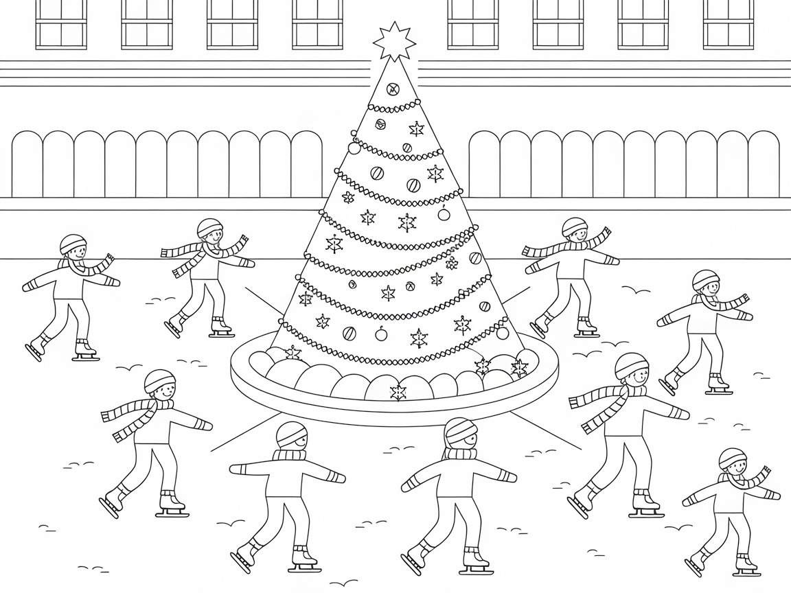 Lively Ice Skating Scene Encircling a Christmas Tree