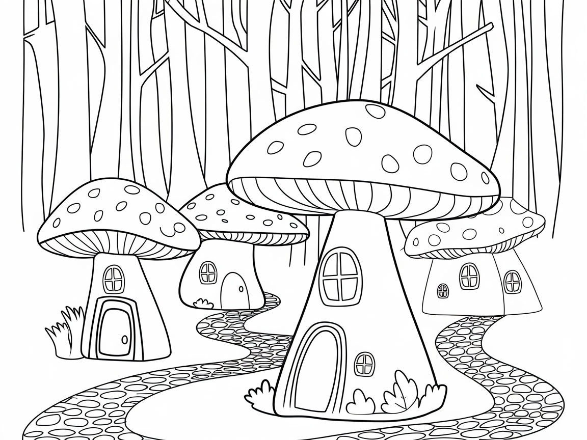 Enchanting Mushroom Village Coloring Page