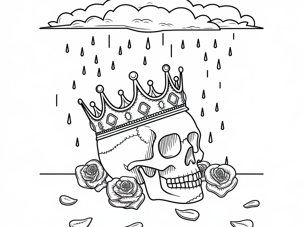 Crowned Skull with Roses Under Rainy Skies